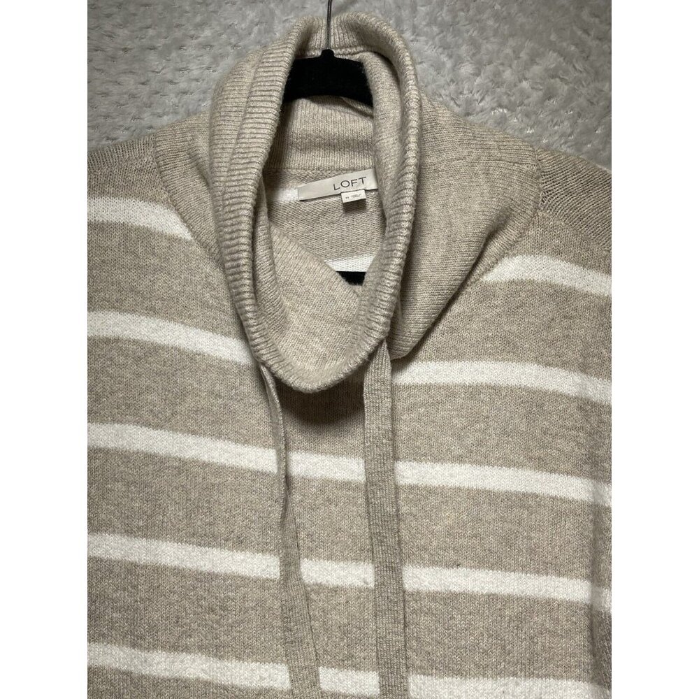 Loft‎ Beige Striped Sweater Hoodie Size M Pockets Cowl Neck - Picture 3 of 9